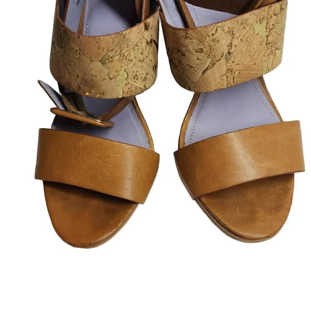 Tan Cork Wedge Sandals with Ankle Buckle
